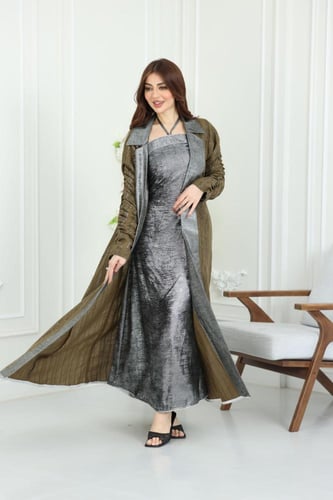 جلابية لينن كويتية قطعتين مطرزة بالترتر مع بطانة س...