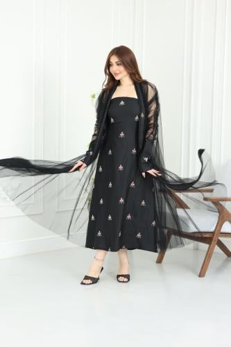 جلابية لينن كويتية قطعتين بتطريز خفيف مع بشت شيفون