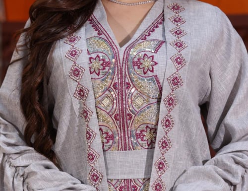 جلابية كويتية لينن قطعتين بتطريز يدوي