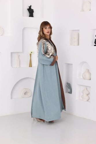 جلابية لينن قطعتين مع بشت بفتحة من الخلف وتطريز تر...