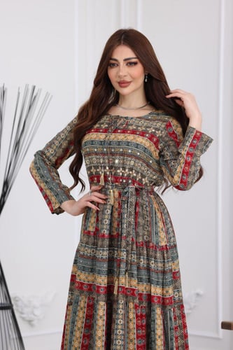 جلابية رايون قطن منقوش بتطريز على الصدر