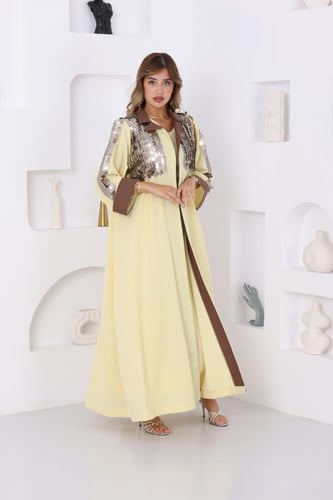 جلابية لينن قطعتين مع بشت بفتحة من الخلف وتطريز تر...