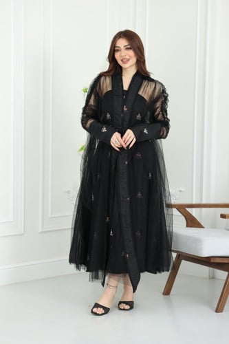 جلابية لينن كويتية قطعتين بتطريز خفيف مع بشت شيفون