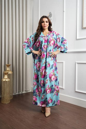 جلابية روز قطن خفيف صيفي طويل ( رقبة سبعة )