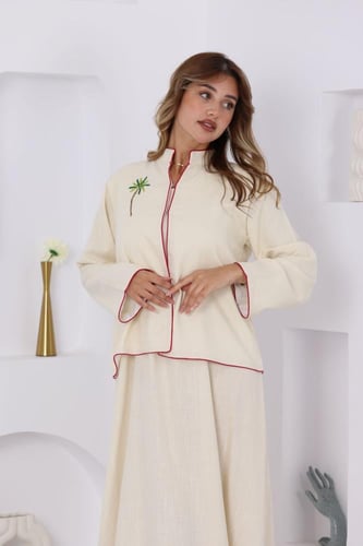 جلابية لينن قطعتين مع جاكيت بتطريز يدوي من الخلف