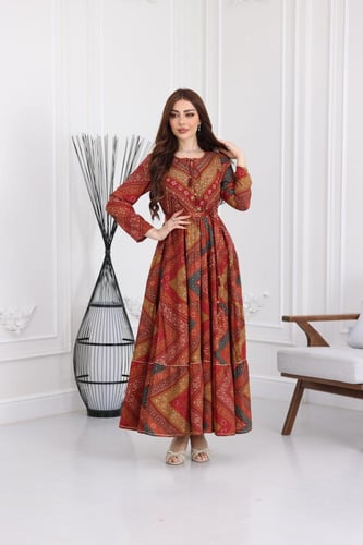 جلابية رايون قطن منقوش بتطريز على الصدر