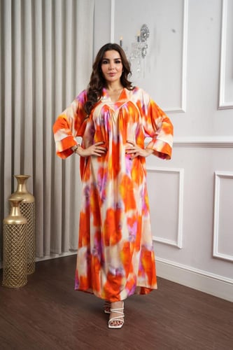 جلابية روز قطن خفيف صيفي طويل ( رقبة سبعة )