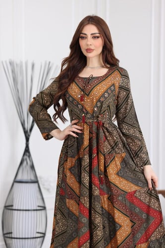 جلابية رايون قطن منقوش بتطريز على الصدر