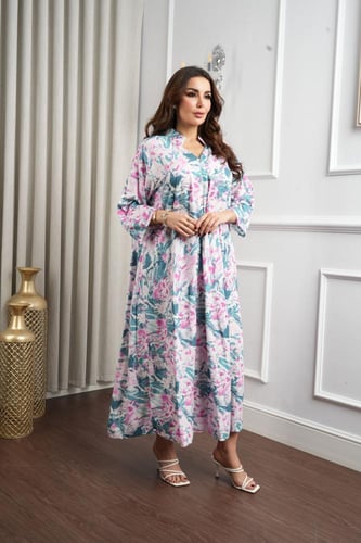 جلابية روز قطن خفيف صيفي قصير ( رقبة قلاب )