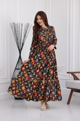 جلابية رايون قطن منقوش بتطريز خفيف على الصدر