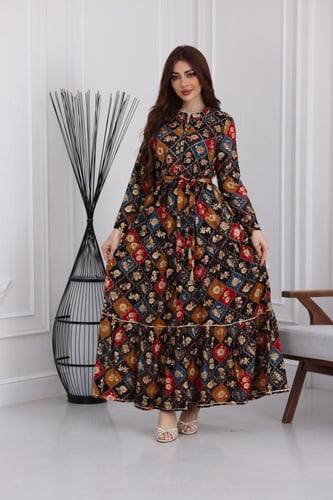 جلابية رايون قطن منقوش بتطريز خفيف على الصدر