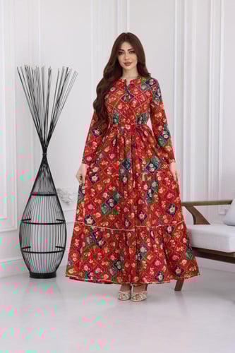 جلابية رايون قطن منقوش بتطريز خفيف على الصدر