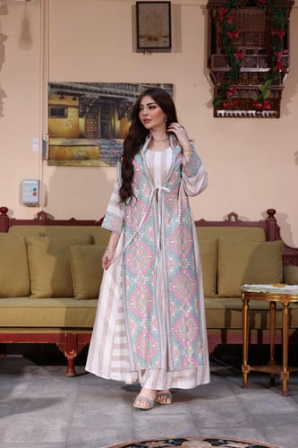 جلابيةكويتية كتان مع وشاح بتطريز تراثي