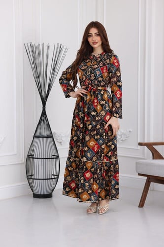 جلابية رايون قطن منقوش بتطريز خفيف على الصدر