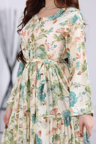 جلابية رايون قطن منقوش بتطريز على الصدر