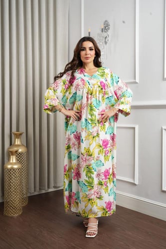 جلابية روز قطن خفيف صيفي طويل ( رقبة سبعة )