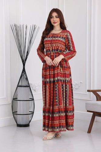 جلابية رايون قطن منقوش بتطريز على الصدر