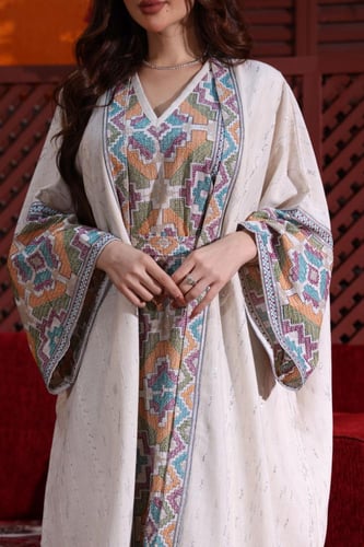 جلابية كويتية لينن قطعتين تراثية بتطريز يدوي ملون