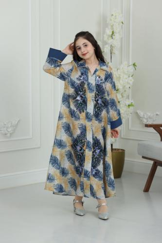 جلابية لينن ( بناتي ) بطبعة ريش وتطريز ترتر