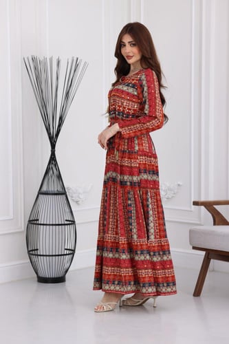 جلابية رايون قطن منقوش بتطريز على الصدر