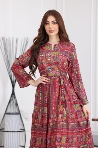 جلابية رايون قطن منقوش بتطريز على الصدر