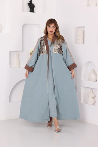 جلابية لينن قطعتين مع بشت بفتحة من الخلف وتطريز تر...