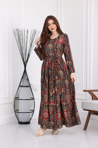 جلابية رايون قطن منقوش بتطريز خفيف على الصدر