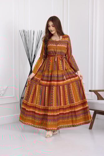 جلابية رايون قطن منقوش بتطريز على الصدر