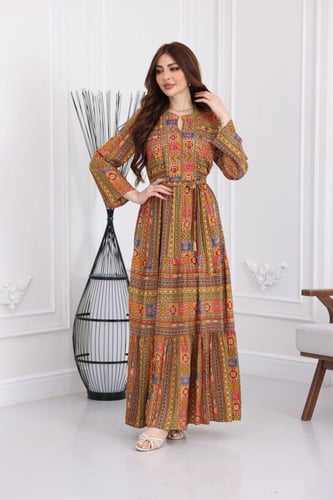 جلابية رايون قطن منقوش بتطريز على الصدر