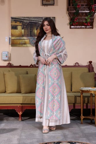 جلابيةكويتية كتان مع وشاح بتطريز تراثي