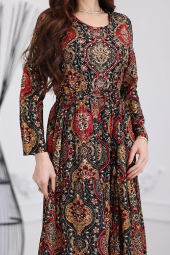 جلابية رايون قطن منقوش بتطريز خفيف على الصدر