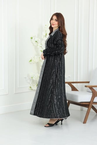 جلابية لينن كويتية قطعتين مطرزة بالترتر مع بطانة س...