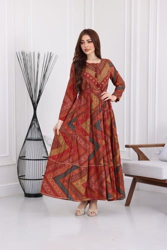 جلابية رايون قطن منقوش بتطريز على الصدر