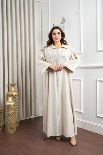 جلابية كتان بتطريز فضي لامع