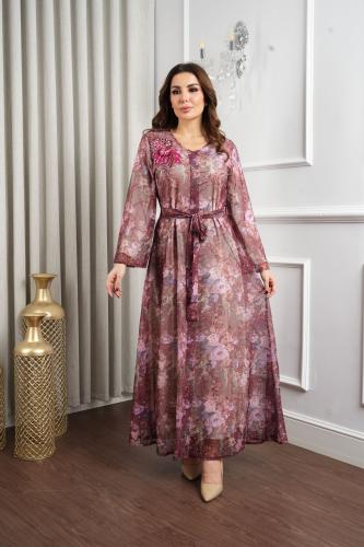 جلابية شيفون بنقوش ورود ملونة مرصع بالكريستال