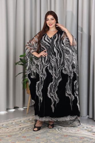 جلابية سهرة مخمل ناعم مزينة بتموجات ترتر براق