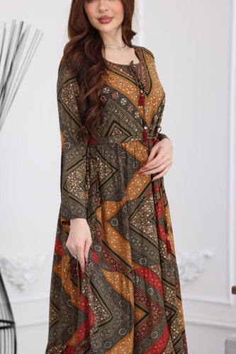 جلابية رايون قطن منقوش بتطريز على الصدر