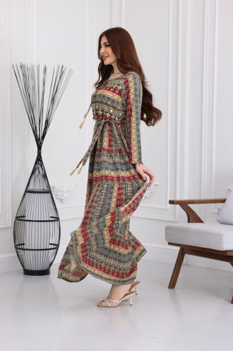 جلابية رايون قطن منقوش بتطريز على الصدر