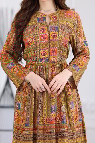 جلابية رايون قطن منقوش بتطريز على الصدر