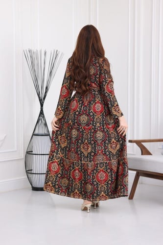 جلابية رايون قطن منقوش بتطريز خفيف على الصدر