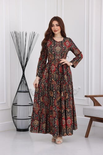 جلابية رايون قطن منقوش بتطريز خفيف على الصدر