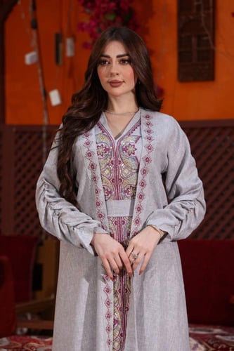 جلابية كويتية لينن قطعتين بتطريز يدوي