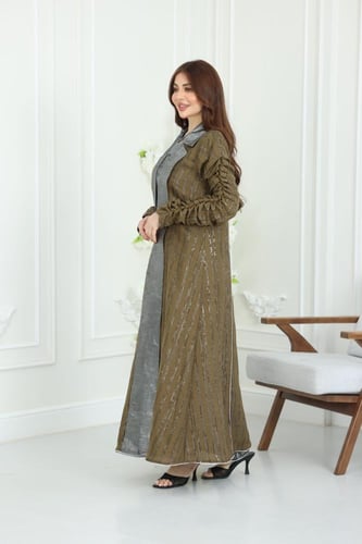 جلابية لينن كويتية قطعتين مطرزة بالترتر مع بطانة س...