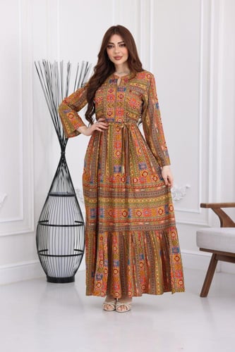 جلابية رايون قطن منقوش بتطريز على الصدر