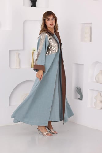 جلابية لينن قطعتين مع بشت بفتحة من الخلف وتطريز تر...