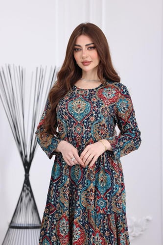 جلابية رايون قطن منقوش بتطريز خفيف على الصدر