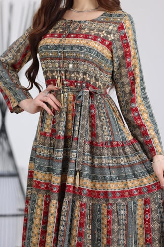 جلابية رايون قطن منقوش بتطريز على الصدر