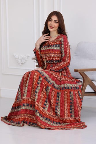 جلابية رايون قطن منقوش بتطريز على الصدر