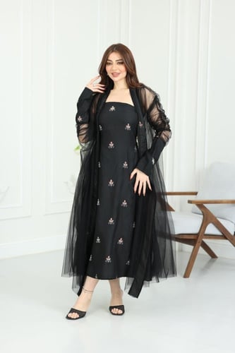 جلابية لينن كويتية قطعتين بتطريز خفيف مع بشت شيفون