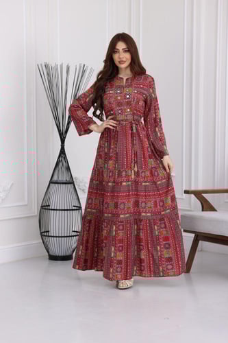 جلابية رايون قطن منقوش بتطريز على الصدر